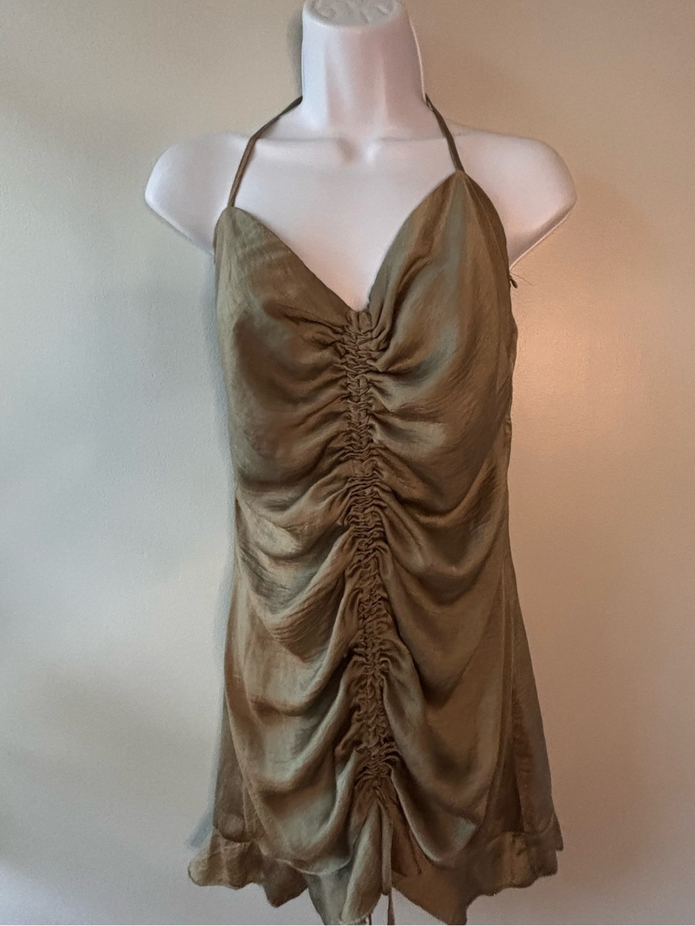 Princess Polly Satin Ruched Halter Mini Dress Olive SZ 8 Y2K Clubcore - Picture 2 of 8